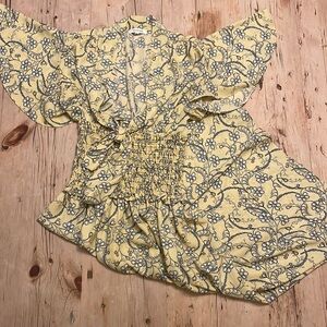 Max Studio Yellow Floral Smocked Waist Secretary Tie Neck Dress